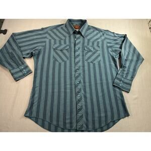 Vintage Rustler Pearl Snap Western Shirt Mens Large Long Tail Striped Blue